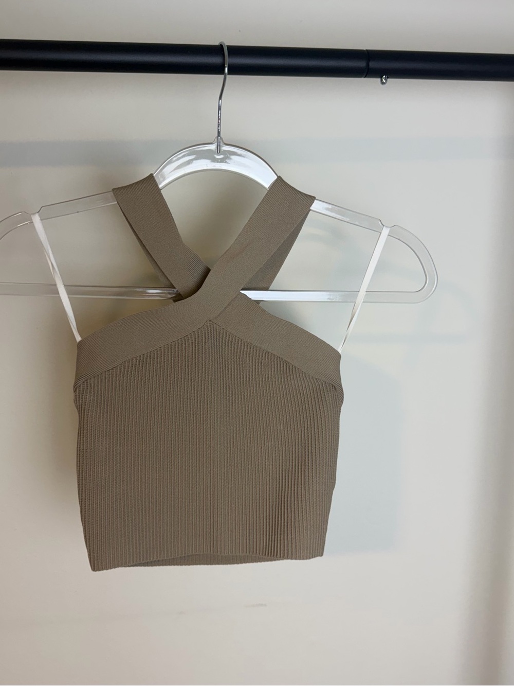 Aritzia Cross-Front Ribbed Crop Tank in Taupe
